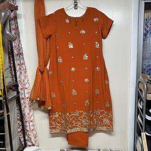 Orange Embroidered Sequins Kurta Set